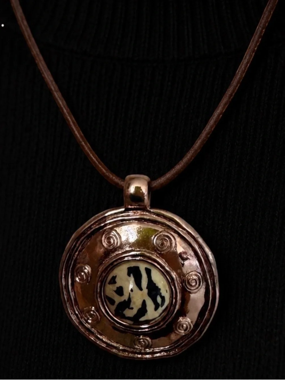 Round Copper Pendant Necklace with Animal Print Accent Gold color 16” - Picture 6 of 12